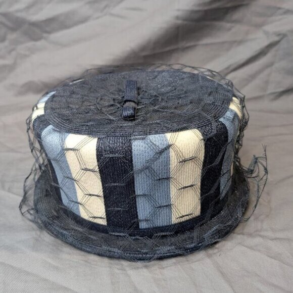 Vintage Jerry Yates 50's 60's Striped Blue Mesh Draped bucket Hat - Picture 3 of 8